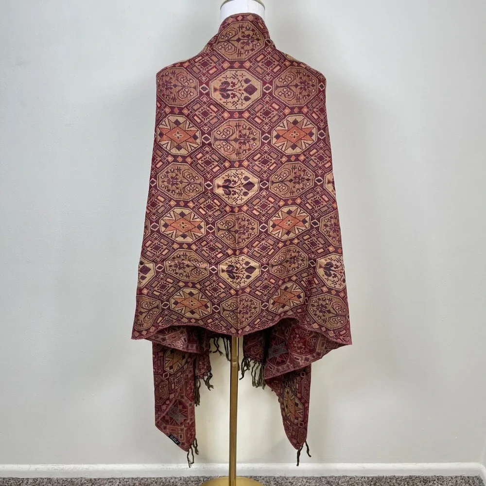 Vintage Pure Wool Pashmina Geometric Medallion Fringed Shawl Wrap Red Brown Gold